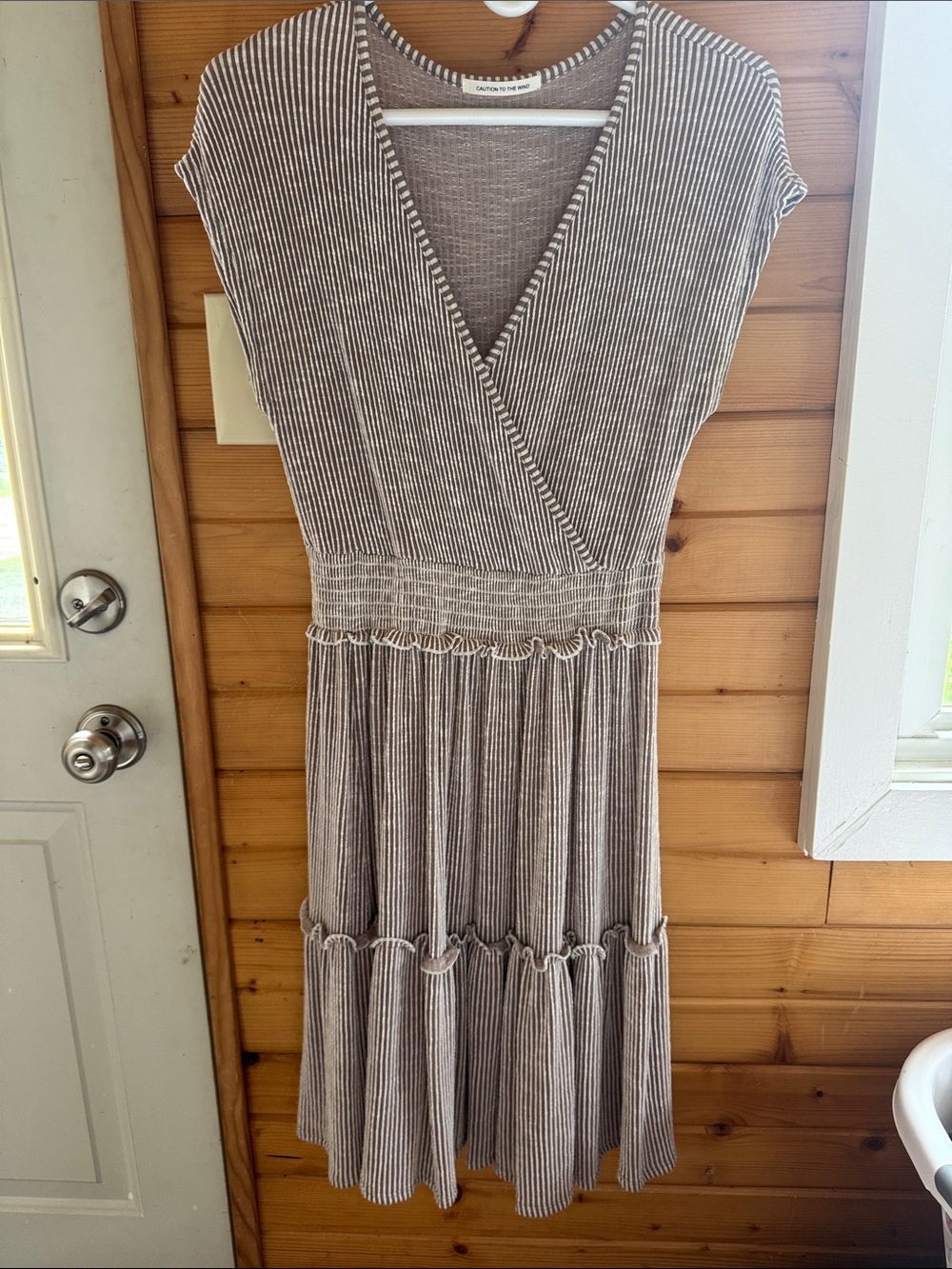 Caution To The Wind Taupe and White Striped V-Neck Midi Dress